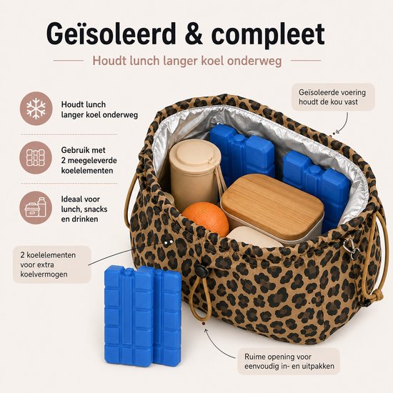 VHV - Koeltas - Geïsoleerde Lunchtas Dames - Geïsoleerde koeltas - - lunchpakket set 2 koelelementen - 25x13x32cm - Voor Werk, Kantoor, Picknick en Reizen - Luipaardprint van Vhv — afbeelding 5