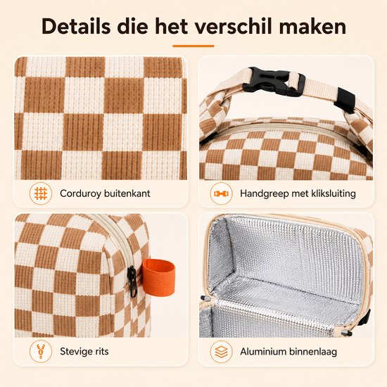 VHV - Koeltas - Geïsoleerde Lunchtas - Geïsoleerde Koeltas - koeltas - 200 ml Koelelementen - Corduroy - Aluminium Binnenvoering - 24x14x22cm Opvouwbaar - Voor Werk, School en Picknick - Beige Ruitpatroon van Vhv — afbeelding 3