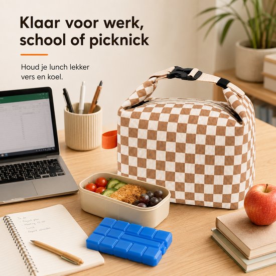 VHV - Koeltas - Geïsoleerde Lunchtas - Geïsoleerde Koeltas - koeltas - 200 ml Koelelementen - Corduroy - Aluminium Binnenvoering - 24x14x22cm Opvouwbaar - Voor Werk, School en Picknick - Beige Ruitpatroon van Vhv — afbeelding 5