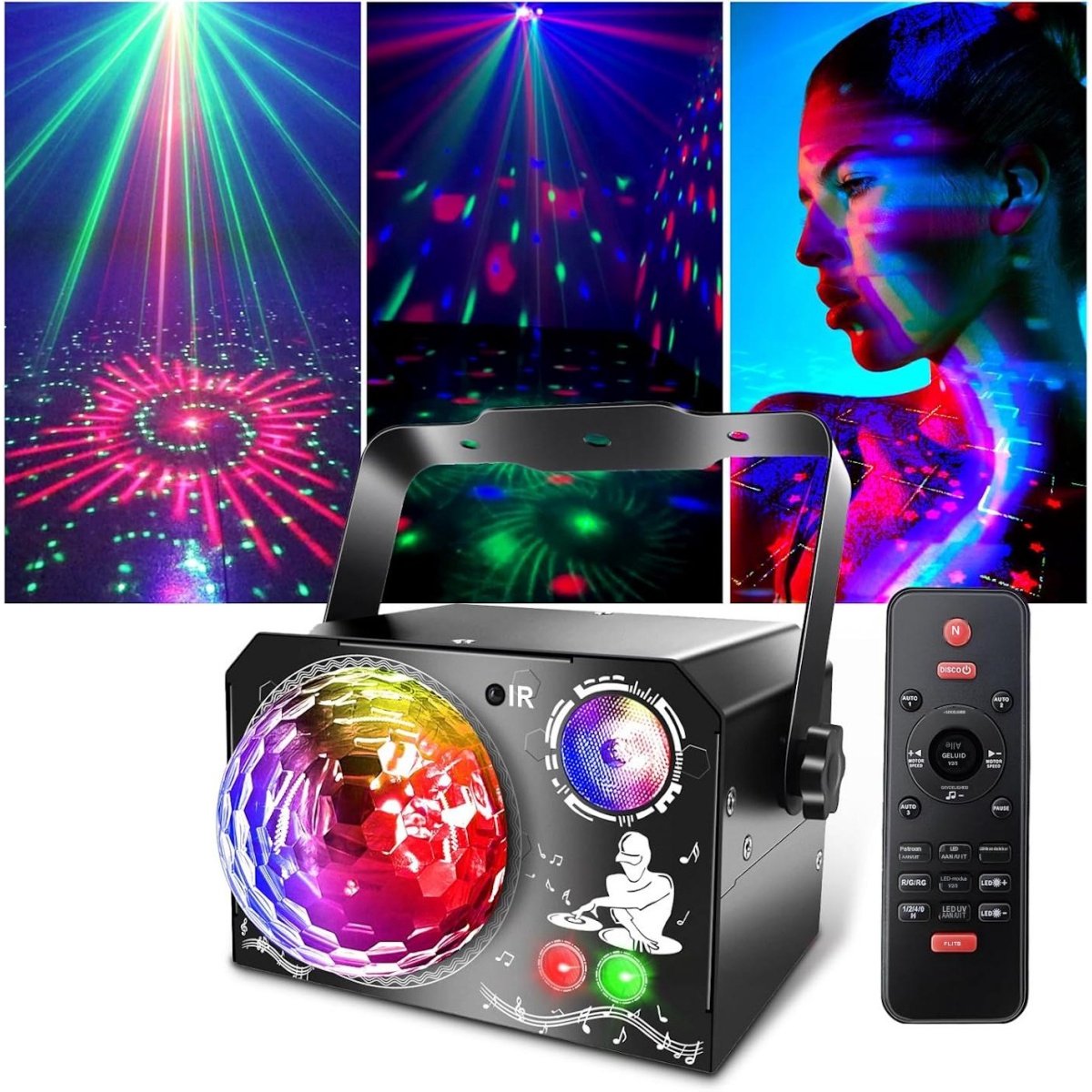 SSTRWGOOD 4-in-1 discobol-licht / Alles-in-één DJ-discolamp / Partyverlichting – 65 patronen – Geluidsgestuurd – Combineert RGB-, UV- en stroboscoopfuncties – Inclusief USB-kabel – Geschikt voor feestjes, festivals, nachtclubs, Halloween en Kerstmis