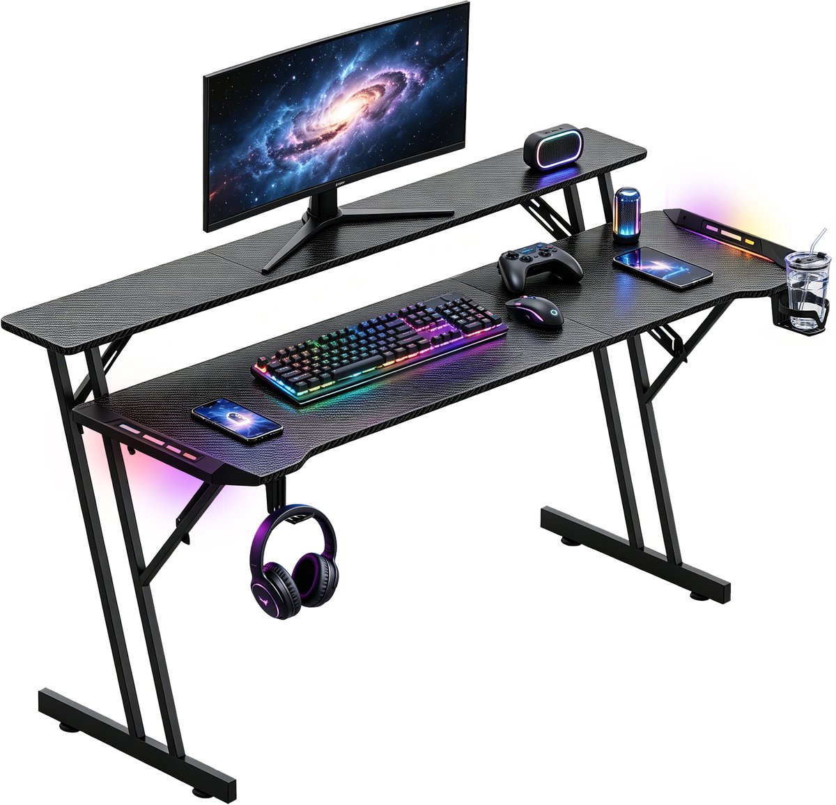 Soontrans - Gaming Bureau - 160x60x86cm - Zwart Bureau - Computertafel - Gaming Tafel - Met LED Verlichting - Bekerhouder - Hoofdtelefoonhouder - Incl. Muismat - Tafel met Twee Niveaus