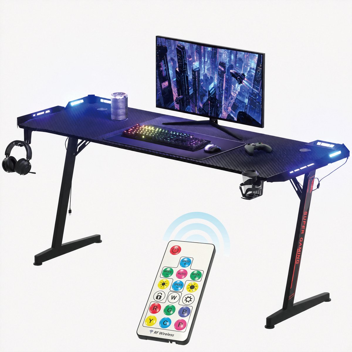 Soontrans - Gaming Bureau - 160x60x73cm - Zwart Bureau - Computertafel - Gaming Tafel - Met LED Verlichting - Bekerhouder - Hoofdtelefoonhouder - Tafel met één Niveau