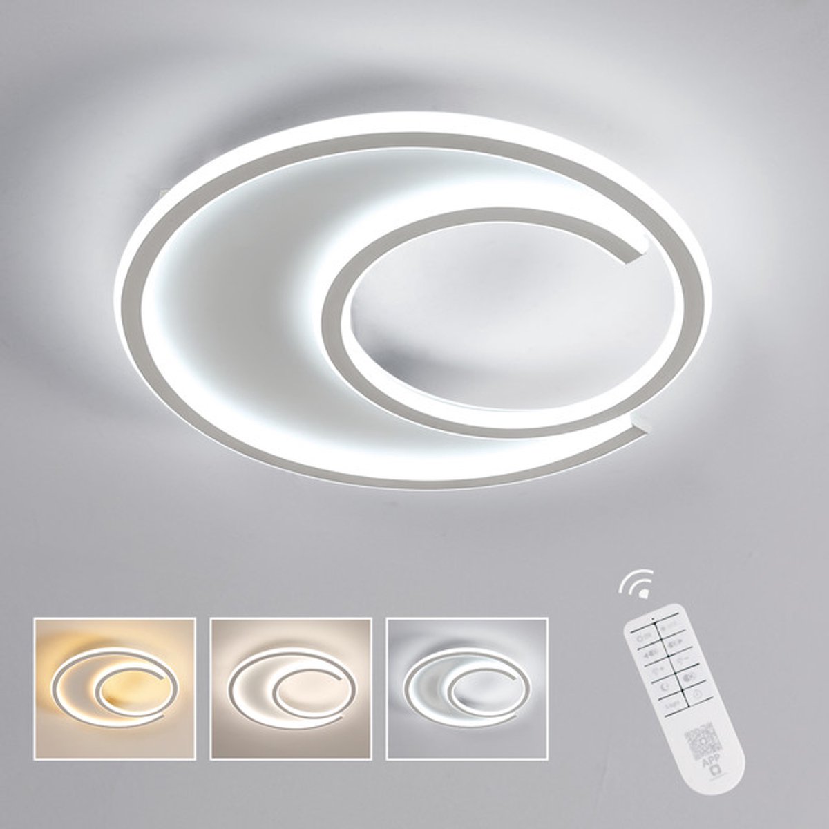 Riserva LED Plafondlamp modern minimalistisch rond wit aluminium 53W driekleuren 3000/4500/6500K met afstandsbediening, acryl kap, voor woonkamer slaapkamer keuken