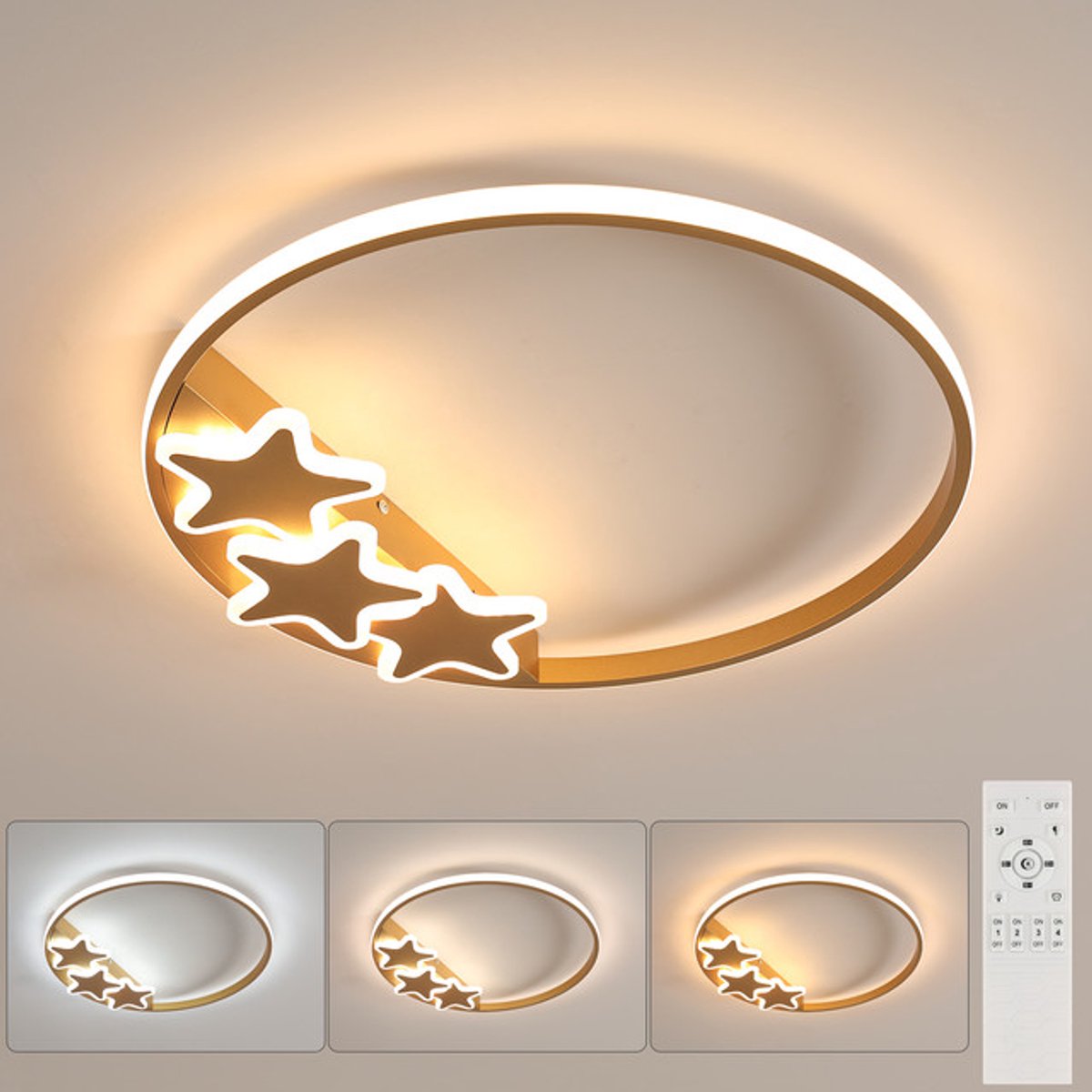 Riserva LED Plafondlamp modern minimalistisch rond spuitgoud, ster acryl design 37W traploos dimbaar 3000‑6500K met afstandsbediening Ra80, voor woonkamer slaapkamer keuken