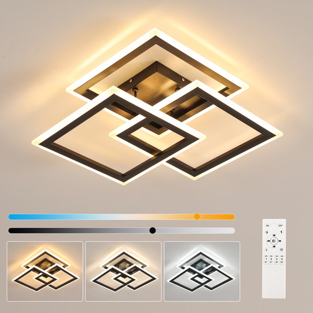 Riserva LED Plafondlamp modern minimalistisch vierkant zandzwart 40W traploos dimbaar 3000‑6500K met afstandsbediening Ra80 voor woonkamer slaapkamer keuken