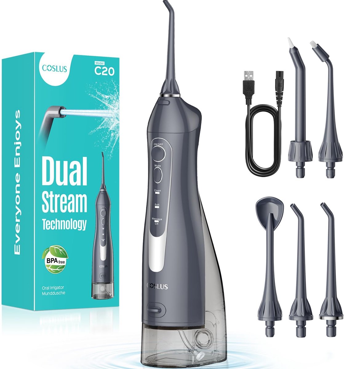 Waterflosser Draadloos – 300 ml Waterreservoir – 3 Standen – 5 Opzetstukken – Tot 30 Dagen Accu – Grijs
