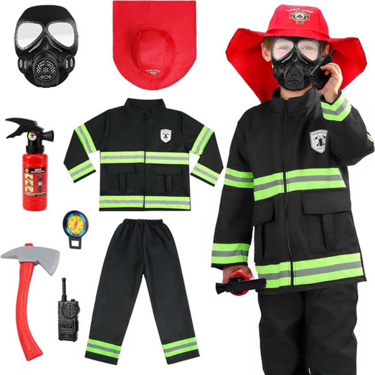 Kinderen Brandweerman Kostuum Set, 8-delige Brandweer Outfit voor Jongens en Meisjes, Rollenspel Set voor Carnavalsfeest, Halloween en Themafeesten (120 cm)