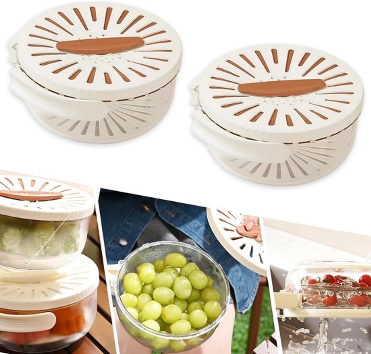 Multifunctionele Waskom voor Fruit en Groenten met Deksel, 2-in-1 Plastic Afvoermand met Vouwhandvat, Zeef en Colander voor Keukengebruik, Bruin, 2 Stuks