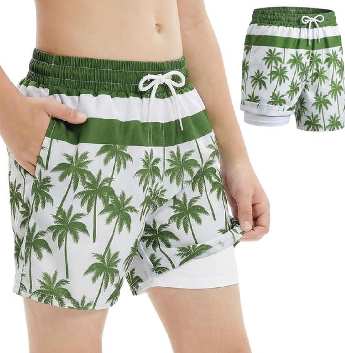 Zwemshorts voor Jongens met Compressie Binnenbroek en Zakken, Sneldrogend 2-in-1 Badmode voor Kinderen van 7-13 Jaar, Ideaal voor Strand en Rafting