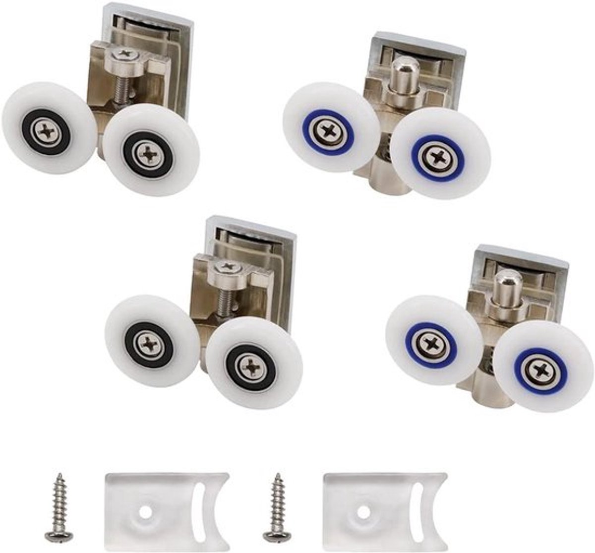 - 4 stuks douchedeurwielen voor glas 6-8 mm- 2 bovenste wielen en 2 onderste wielen voor douchecabine-deur rollen- Kunststof deurwielen voor douchedeurrollen