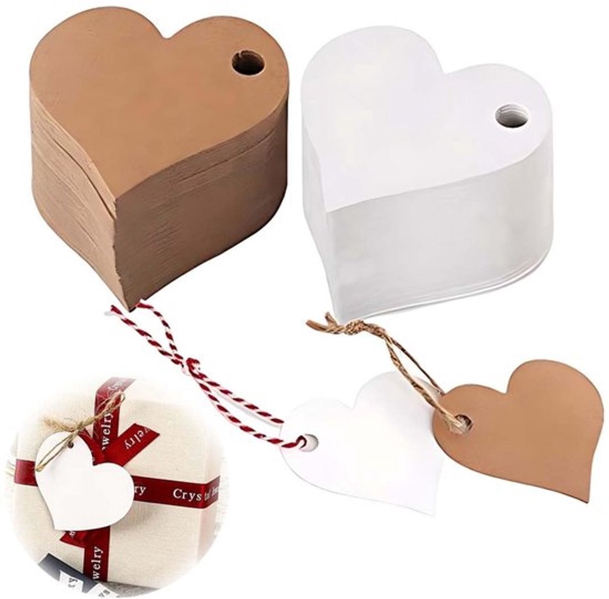 Geschenkhangers - 100 stuks hartvormige decoratie voor gastgeschenken. Inclusief kraftpapieren etiketten. Dubbelzijdige lege cadeaulabels voor prijskaarten en knutselprojecten.