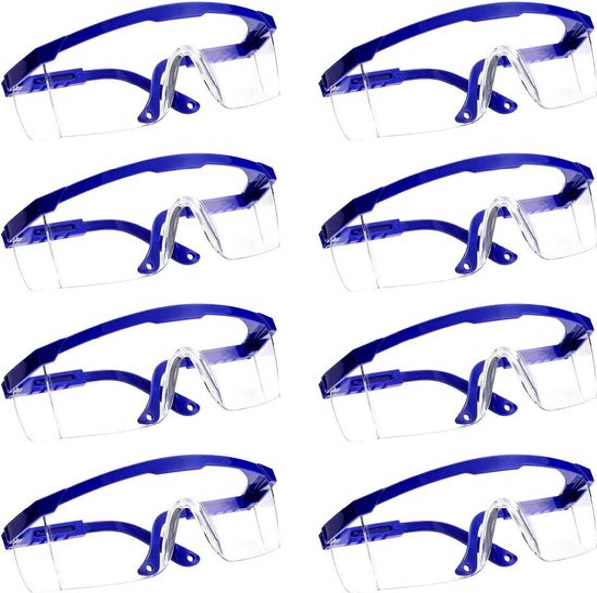 Veiligheidsbril 8 stuks transparant met rubberen inzetstuk op neus en oren voor een veilige bescherming - oogbescherming laboratoriumbril krasbestendige lenzen (blauw)