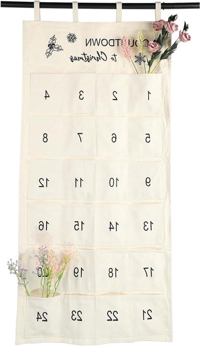 Adventskalender van duurzaam verdikt canvas met prachtig borduurwerk - Herbruikbare stoffen adventskalender.