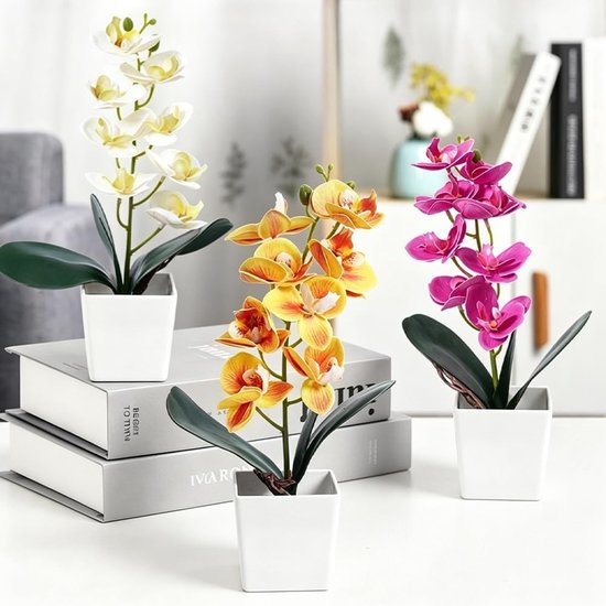 Kunstorchideeën in Pot, Set van 3 Stuks, Decoratieve Bloemen voor Woonkamer en Kantoor, Wit en Roze, 30 cm Hoog