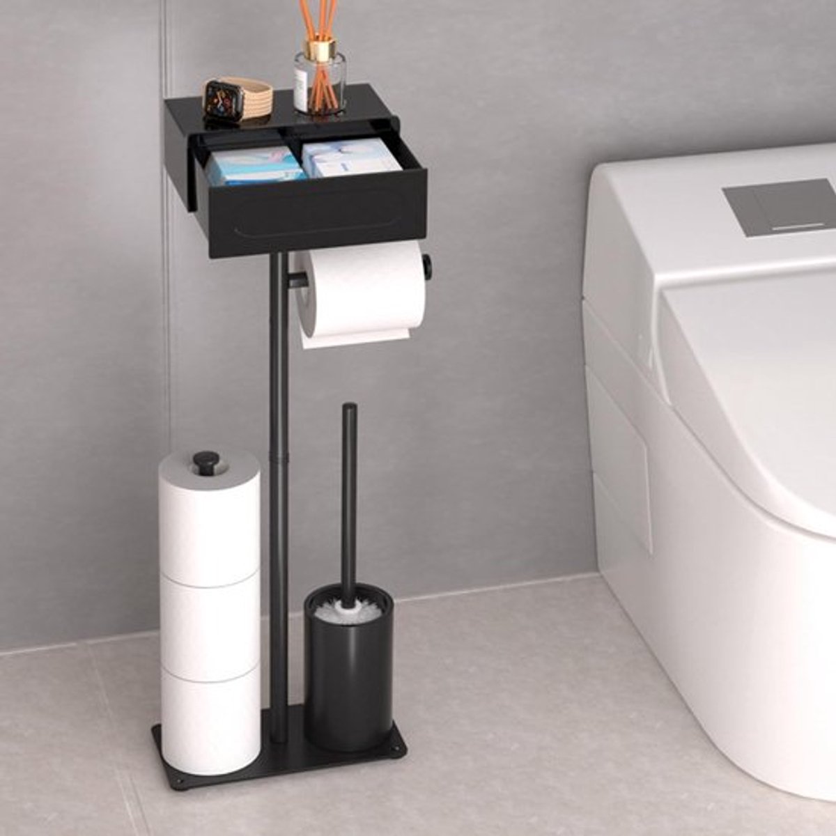 Vrijstaande toiletpapierhouder met toiletborstel en natte doekjesbox voor optimale badkamerorganisatie en ruimtebesparing