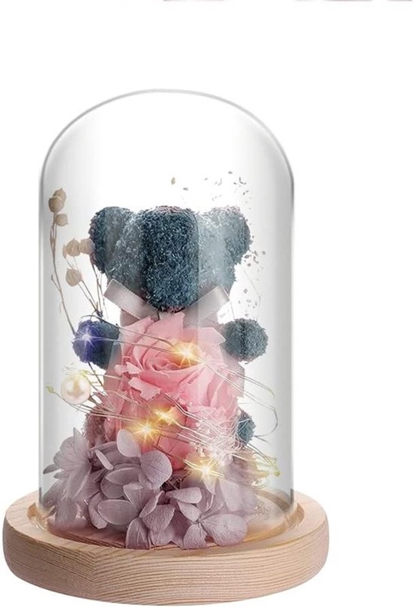 rozenbeer in glazen doos met LED-verlichting en houten basis, perfect cadeau voor vrouwen, moeders, verjaardagen en speciale gelegenheden