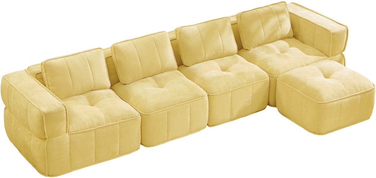 HAUSS SPOLE Hoekbank - Modulaire L-Vormige Bank Met Hocker - Diepe Zitting En Frameloos Design - 4-Zits - Polyester Geel