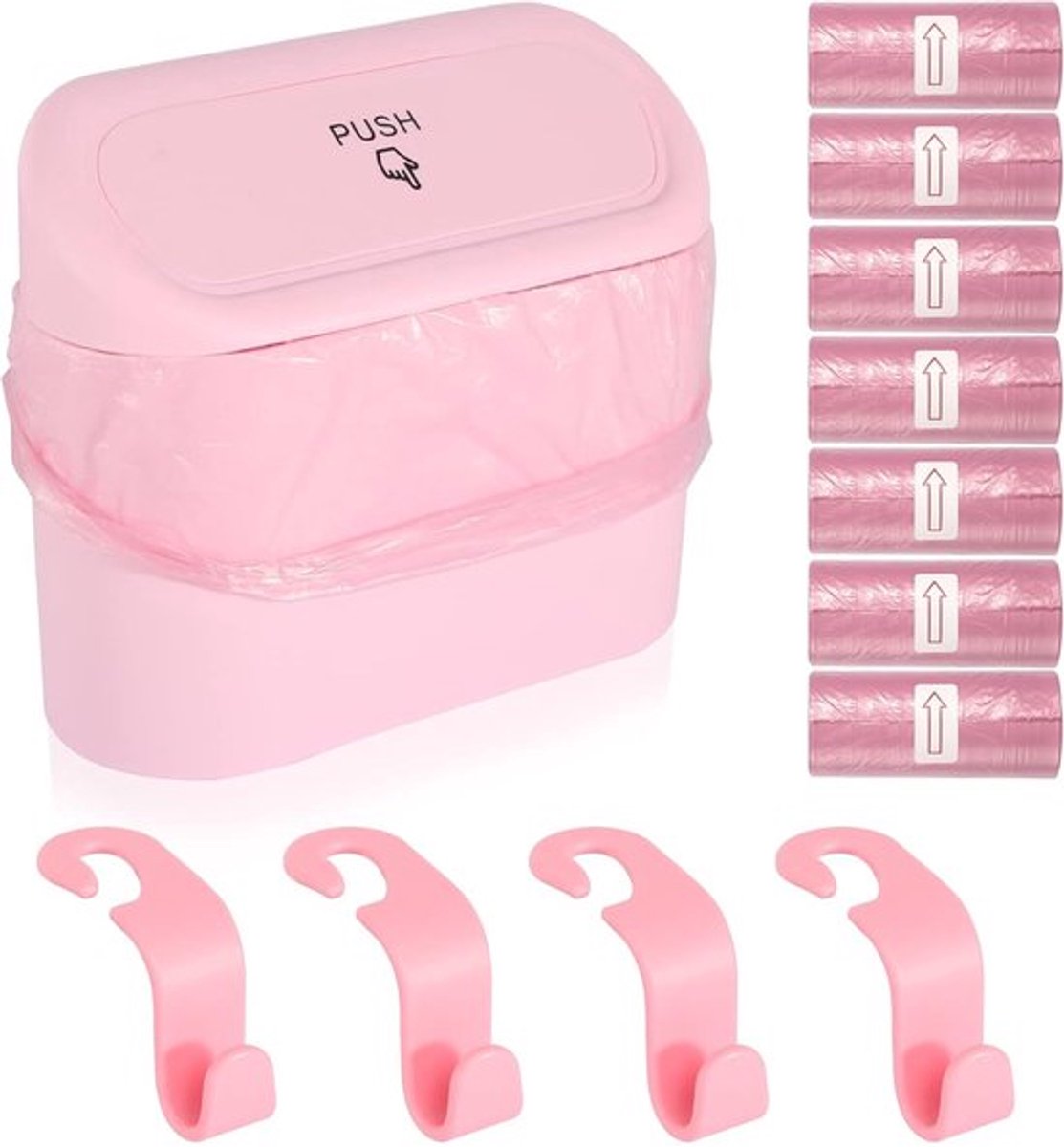 Kleine mini-afvalemmer met deksel - 105 autovuilniszakken - 4 autohaken - roze .