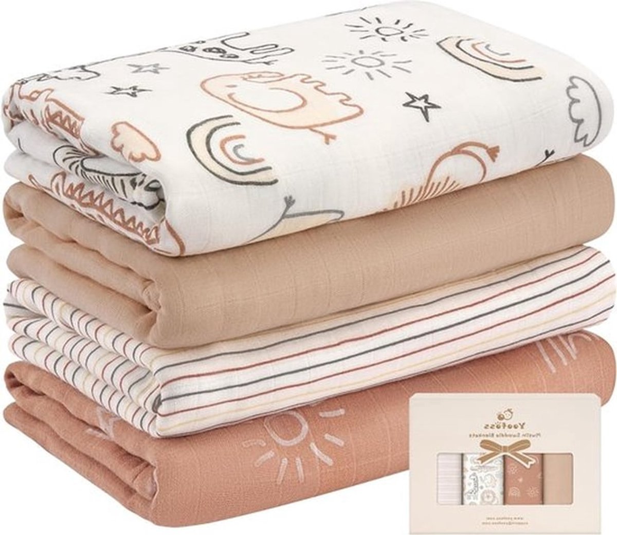 Set van 4 Baby Wikkeldoeken 120 x 120 cm van Katoen en Bamboe, Ademend en Zacht voor Comfortabel Inbakeren en Wikkelen