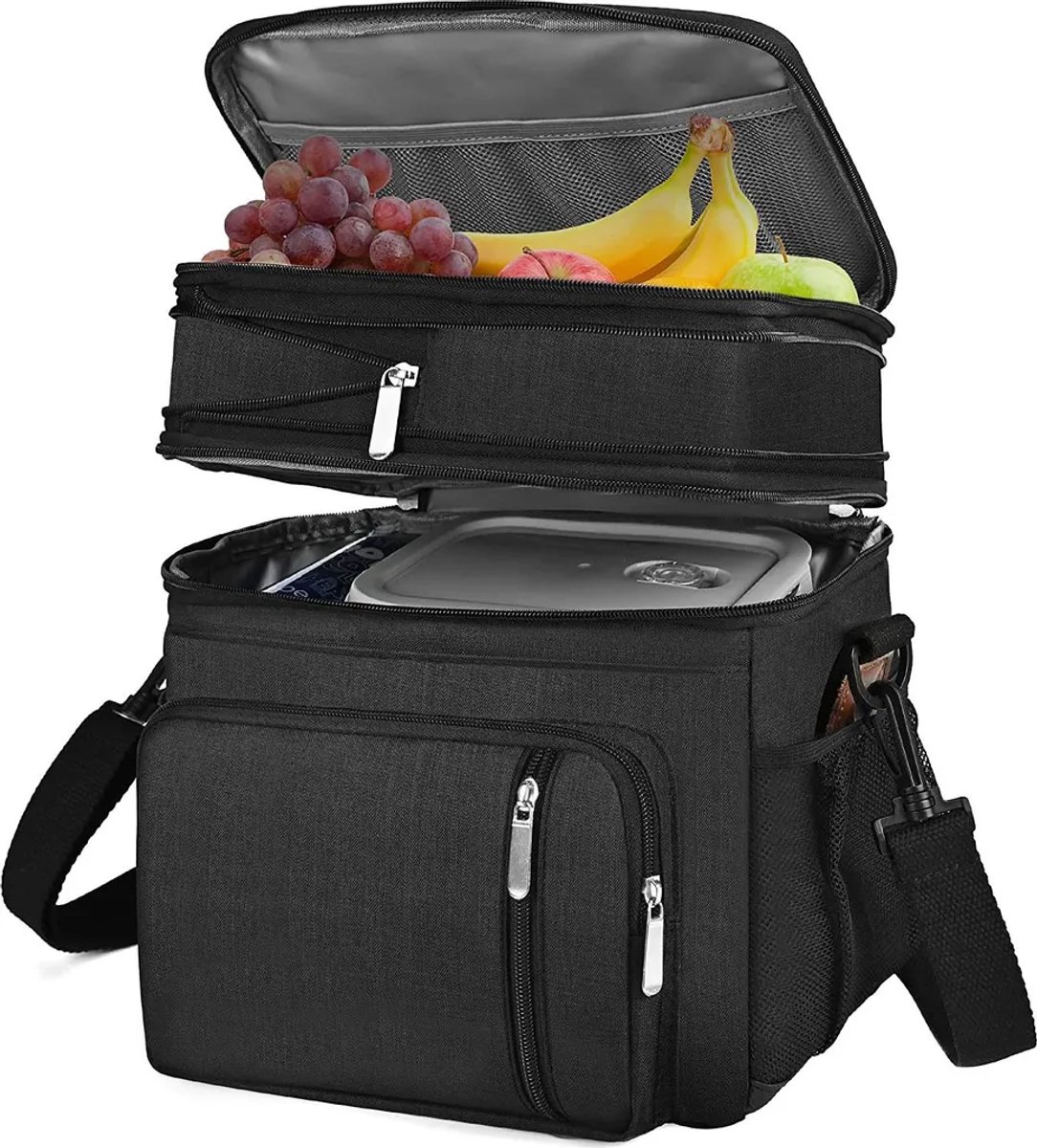 Unisex dubbellaagse lunchtas/lunchbox - lekvrije, geïsoleerde, zachte, ruime koeltas, Geschikt voor lunchpakketten Geschikt voor volwassenen (zwart).