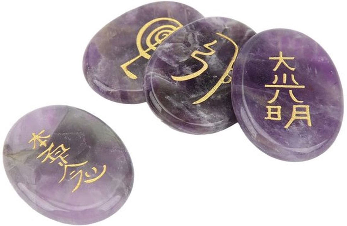 Chakra Steen Set - 4 Stuks - Natuurlijke Reiki Healing Kristallen - Gegraveerde Symbolen - Meditatie - Fluwelen Zakje - Healing Crystals