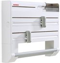 Porte-rouleaux de cuisine blanc Leifheit avec distributeurs gris pour film alimentaire.