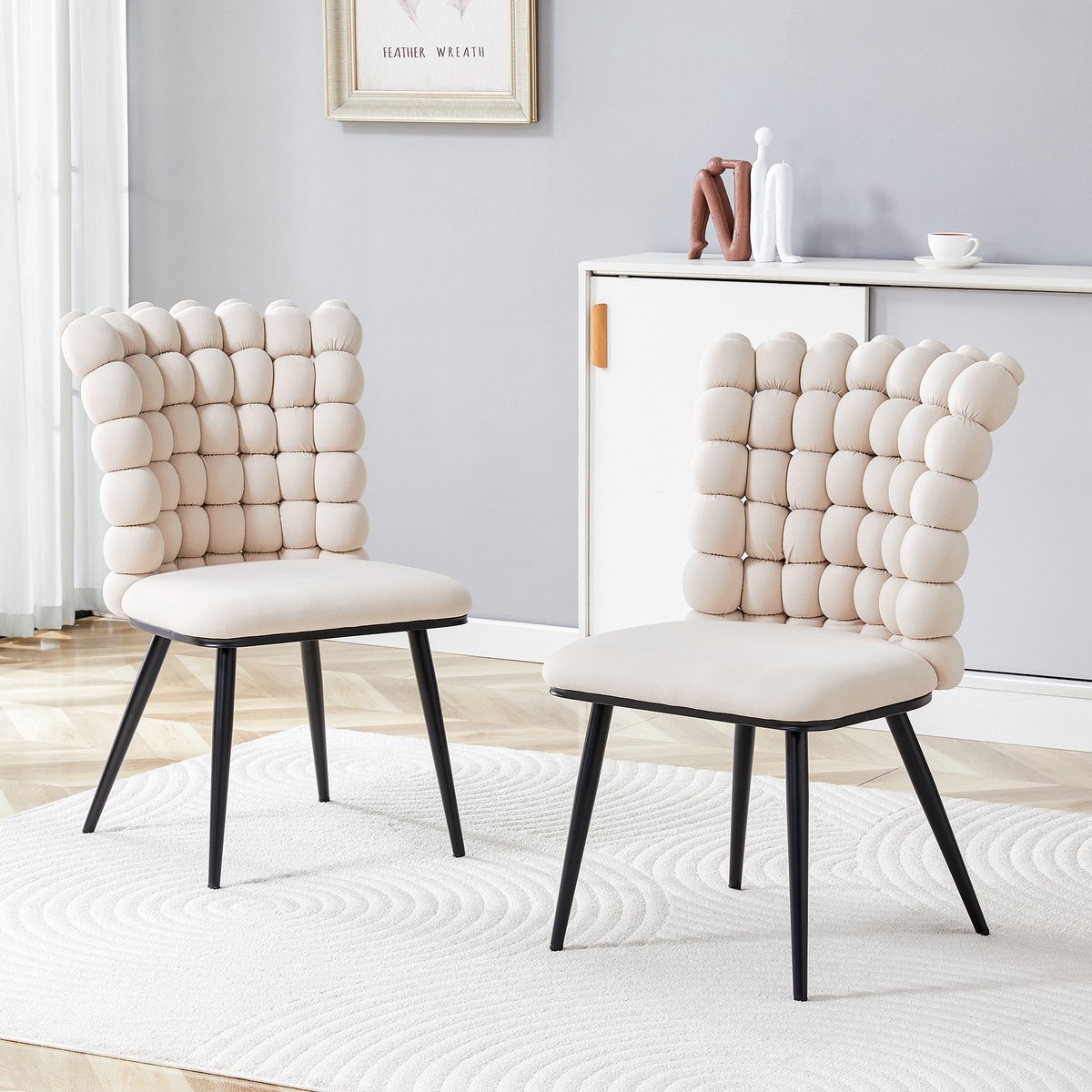 Clruro Eetkamerstoel Set van 2 - Kogelketting Rug - Moderne Luxe - Fluweel/Metaal - Crèmewit/Zwart