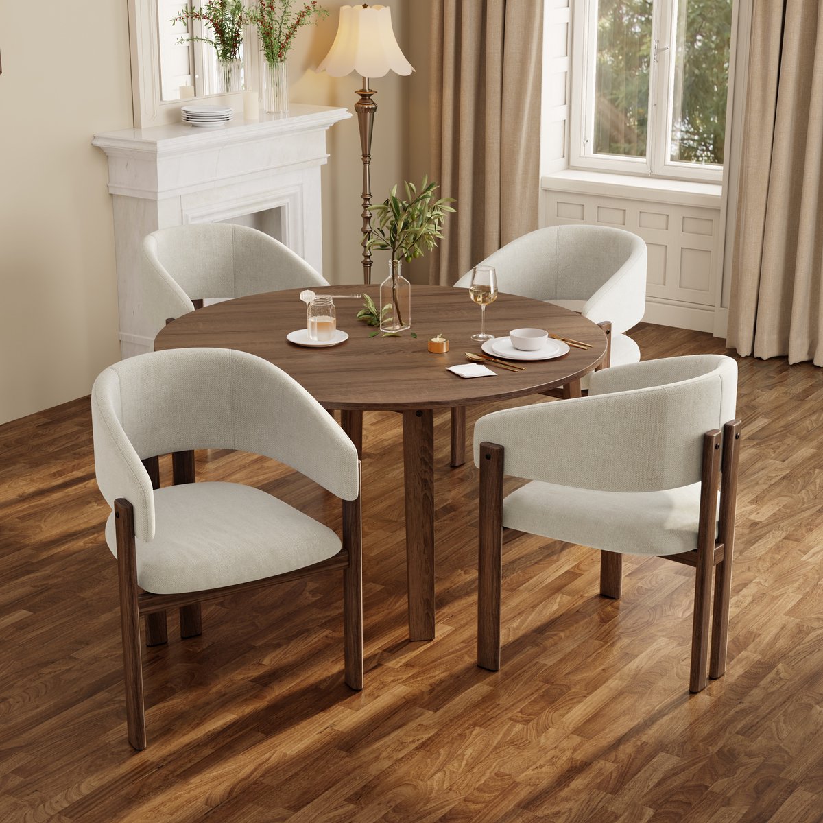 Clruro Eetkamerstoel Set van 4 - Houtlook Frame - Armleuningen - Linnen/Metaal - Walnoot