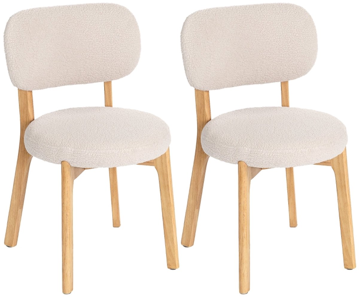 Clruro Eetkamerstoel Set van 2 - 46,5 x 52 x 80 cm - Brede Zitting - Bouclé/Rubberhout - Crème