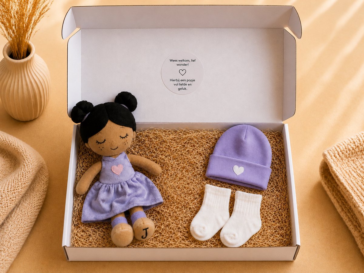 Blijeitje - Kraamcadeau Meisje – Jollein Knuffelpop Daisy, Romper met hart – Geboortecadeau in Cadeaubox