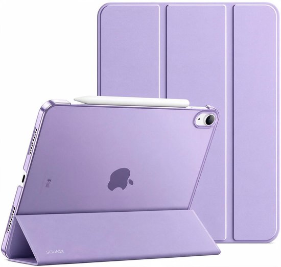 Paarse tablethoes van Sounix voor iPad 11 (2025) & iPad 10.9" 10e gen (2022). De hoes is van kunstleer en heeft een opvouwbaar ontwerp met Apple Pencil-houder.