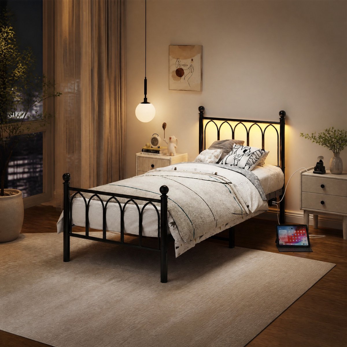 Metalen Bedframe 90x200cm – LED Verlichting En USB-Oplaadstation – Met Opbergruimte Onder Het Bed – Voor Volwassenen – Zwart – Zonder Matras