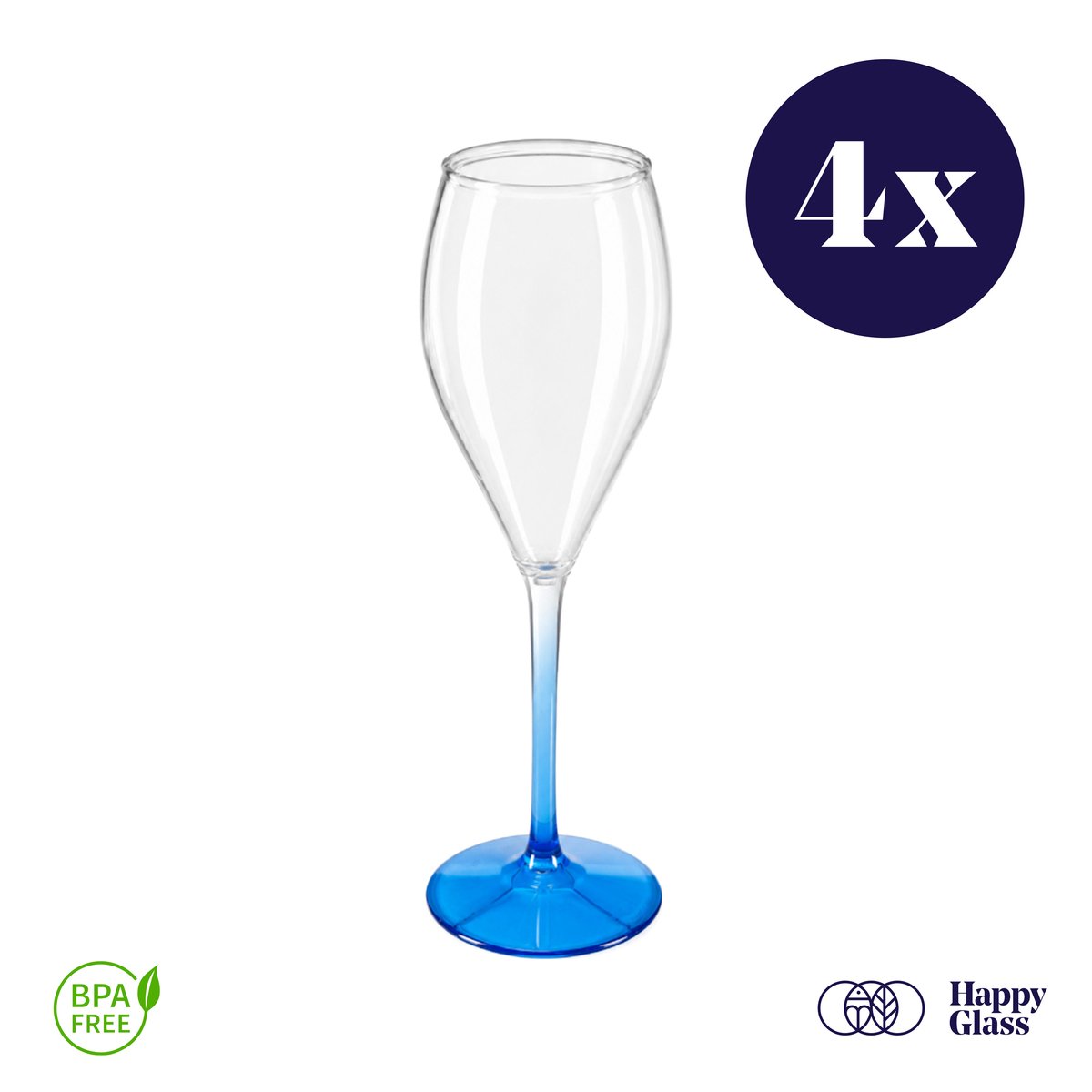 HappyGlass Miss Muse - Set van 4 kunststof champagneglazen - 24cl - Marine blue steel - BPA-vrij Tritan