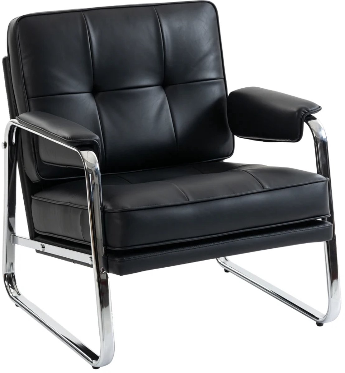Fauteuil - Loungestoel met Brede Zitting en Armleuningen - Stalen Poten - Kunstleer - Voor Woonkamer en Slaapkamer - Zwart
