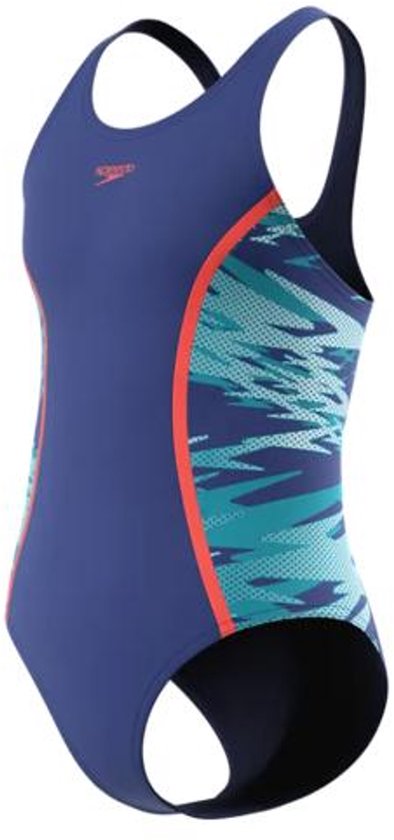 Zijaanzicht van een donkerblauw meisjes badpak met oranje bies en blauw/groen zigzag patroon.