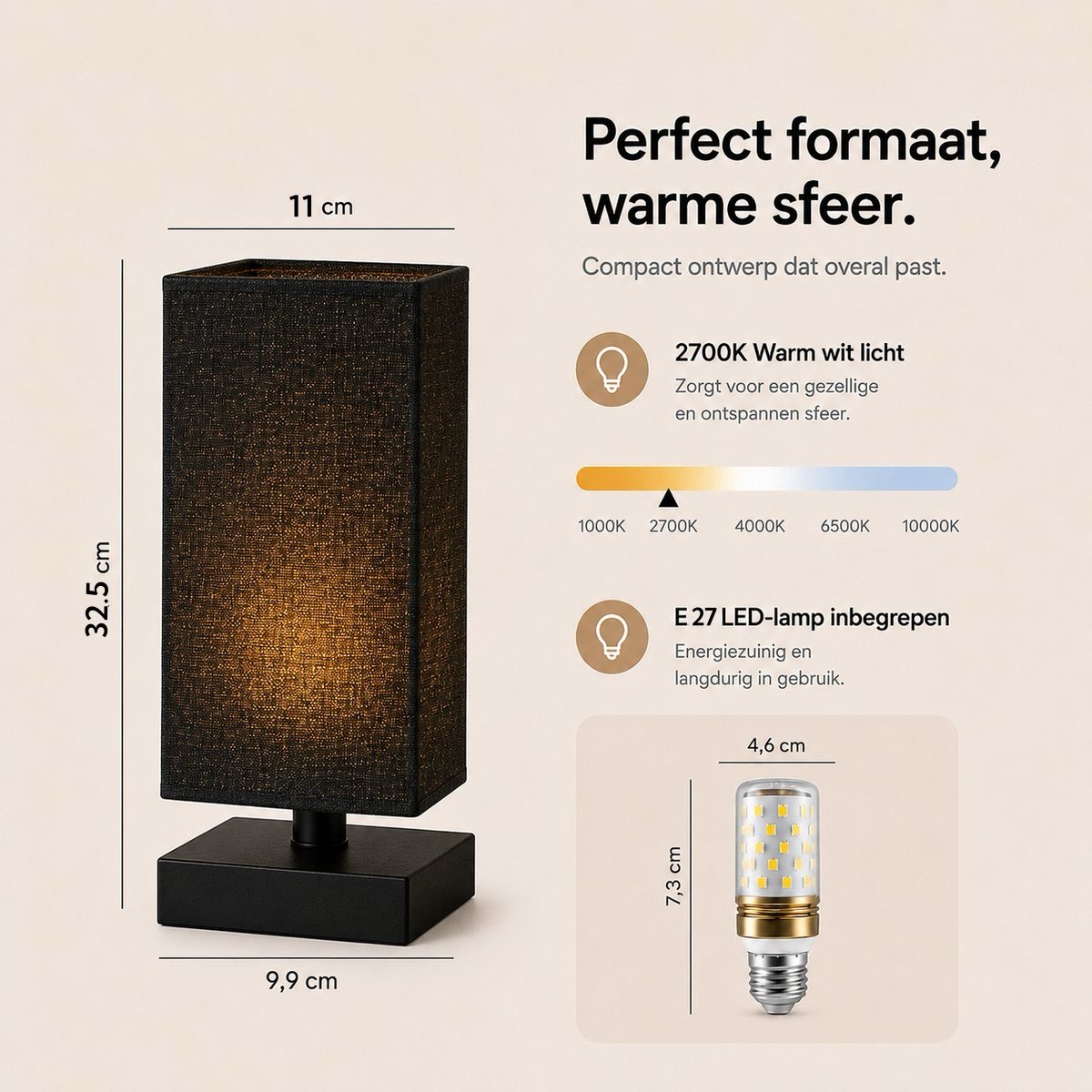 Sounix Tafellamp voor Nachtkastje - 3 Lichtkleuren 3000K/4000K/6000K - Inclusief E27 LED Lamp - Vierkante Stoffen Lampenkap - Zwart thumbnail 2