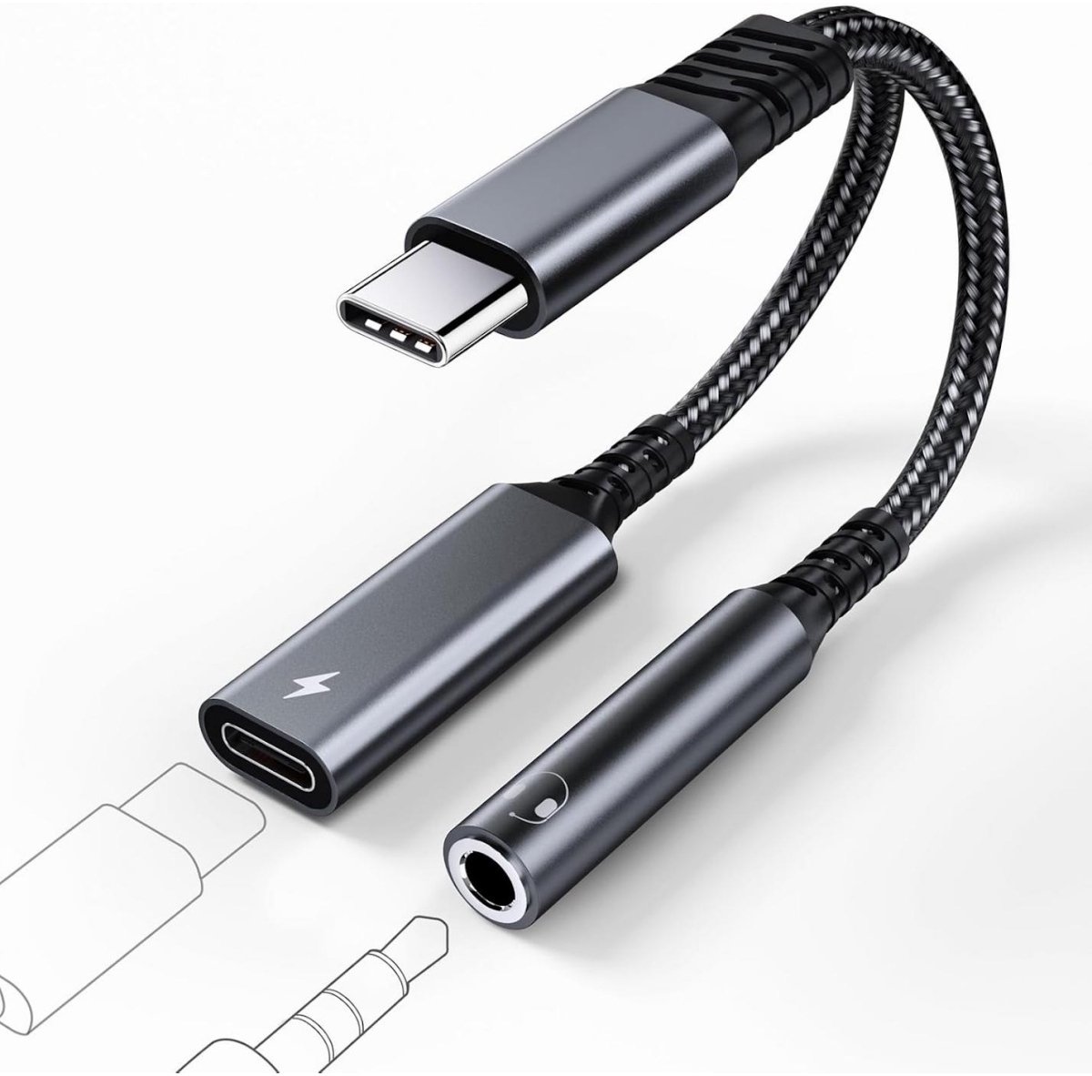 SSTRWGOOD USB-C naar 3,5mm Koptelefoonadapter - Type-C op Aux Audio Adapter met PD 60W Snelladen - Ondersteunt Volume Regeling en Muziekbesturing - Geschikt voor iPhone 15/Pro/Max Samsung S24/S23 Huawei en Andere USB-C Apparaten - 12cm Kabel