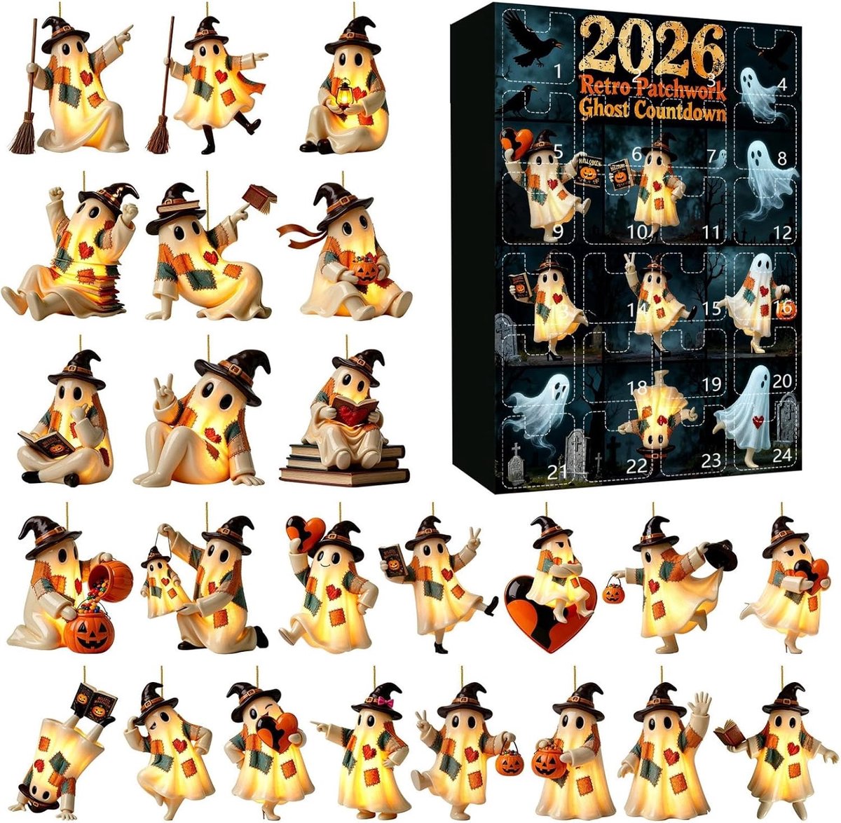 Halloween Adventskalender - 24 Delige Patchwork Acryl Hangdecoratie - Lichtgevend Spook Aftelsysteem - Geschikt voor Raam en Binnen - Familiebijeenkomsten en Feestdecoratie - Herbruikbare Ornamenten - Spookhanger in patch-stijl - 2D Ontwerp