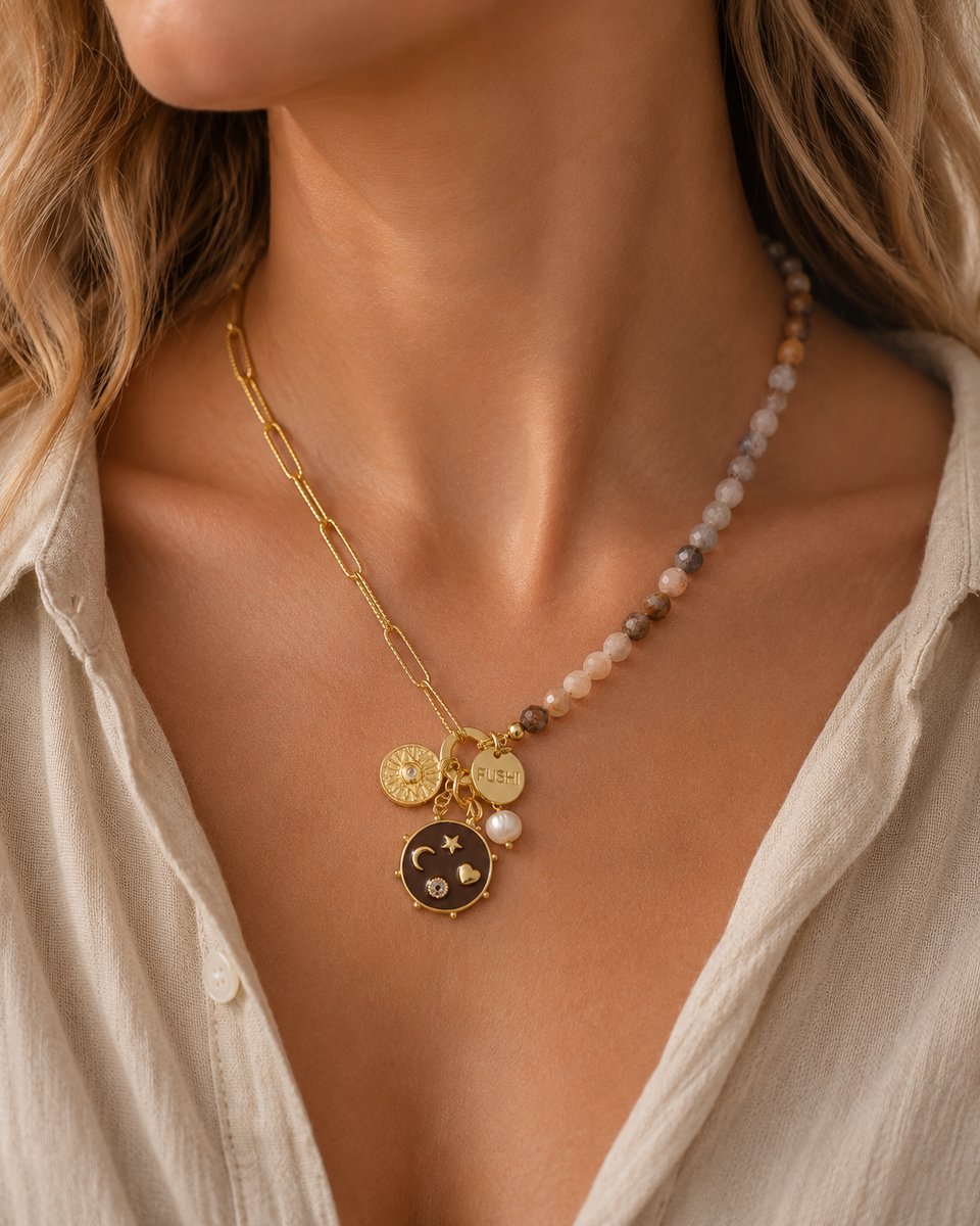 Ketting - Halfedelsteen - Bruintinten - Goudkleurig - 42 cm