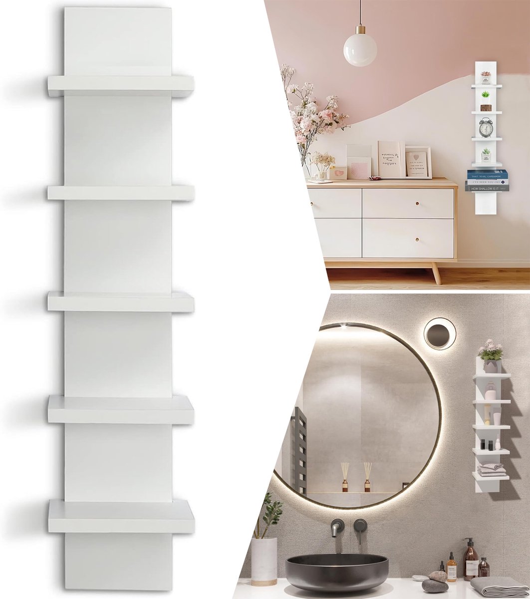 5-Laags Wandplankensysteem - Witte Verticale Plank - Decoratieve Wandplanken - Zwevende Opbergorganizer
