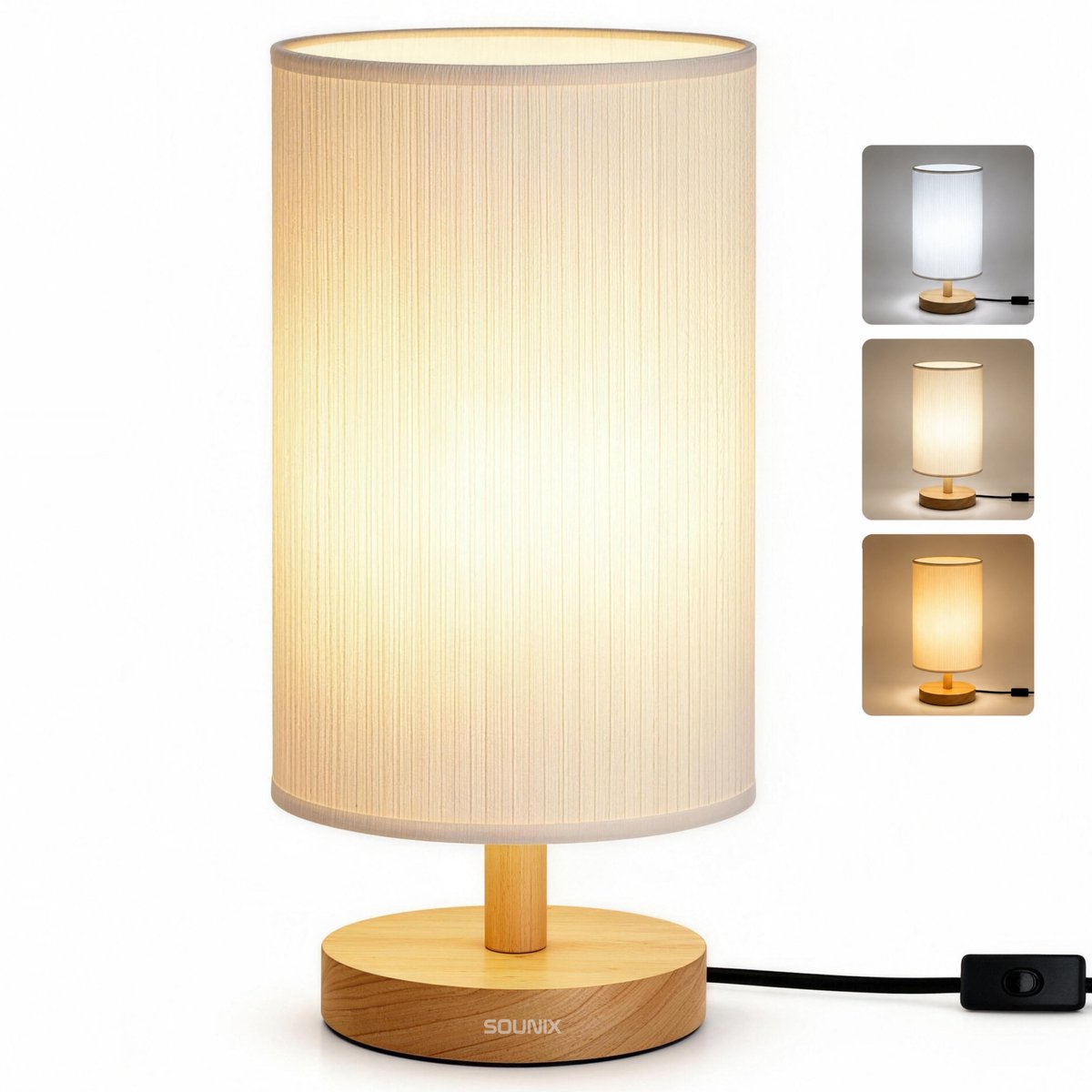 Sounix Tafellamp voor Nachtkastje - 3 Lichtkleuren 3000K/4000K/6000K - Inclusief E27 LED Lamp - Ronde Stoffen Lampenkap - Beige