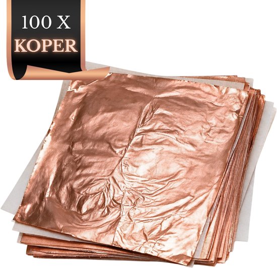 Een stapel koperkleurige vellen bladmetaal, elk op een vel beschermpapier. "100 X KOPER" is prominent aanwezig.