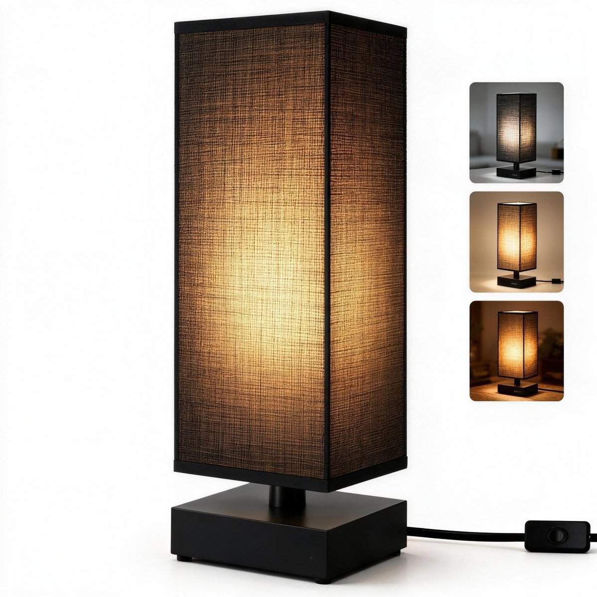 Sounix Tafellamp voor Nachtkastje - 3 Lichtkleuren 3000K/4000K/6000K - Inclusief E27 LED Lamp - Vierkante Stoffen Lampenkap - Zwart
