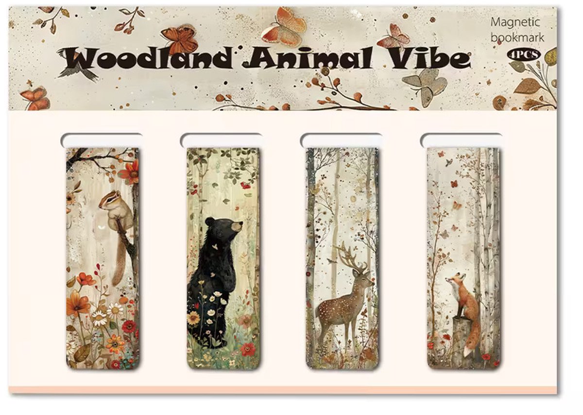Set van 4 Magnetische Boekenleggers – Bosdieren & Aquarel – Magnetische Bladwijzers – Rustiek Natuurdesign – Cadeau voor Boekenliefhebbers Viwado®