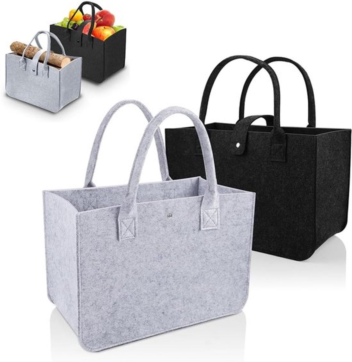 Kleine Vilt Tasjes Set van 2 - Vouwbare Vilt Tassen voor Boodschappen, Picknicks en Reizen - Stevig en Duurzaam in Grijs en Zwart, 30 x 20 x 18 cm