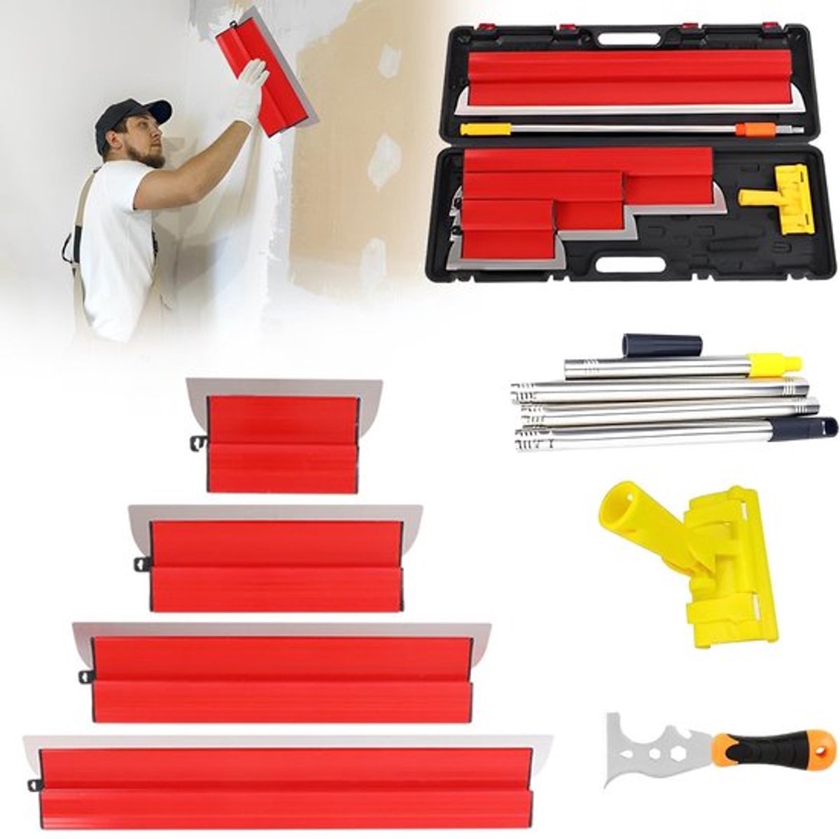 Spatelset Professioneel - 9 Soorten Keukengerei - Multifunctionele Spatel - Telescoopstang - Bepleisteren Muren/Plafonds - Hoogwaardige Afwerking - Vlakspatel
