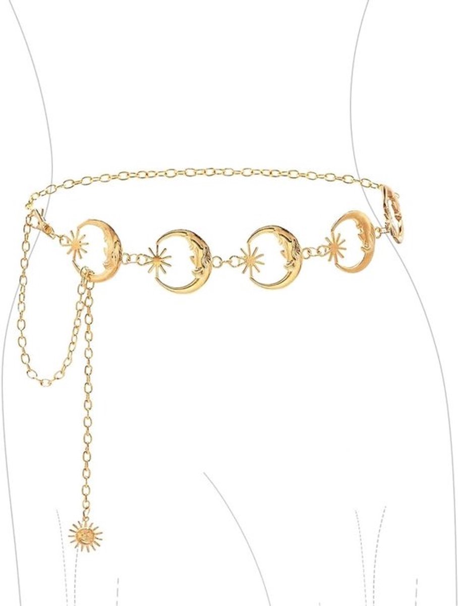 Verstelbare Metalen Tailleketting met Zon en Maan, Vintage Body Chain voor Jeans en Jurken, Versierd met Rhinestone en Zircon Edelstenen