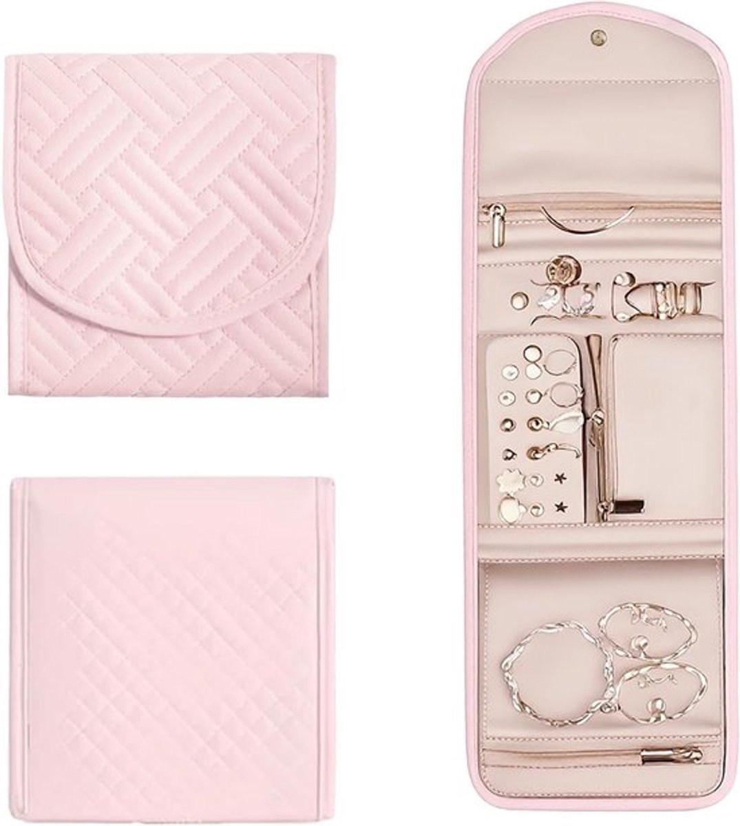 Roze opvouwbare sieradenorganizer, draagbare sieradentas met compartimenten voor kettingen, ringen en oorbellen, perfect voor reizen en vakanties (41x14cm)