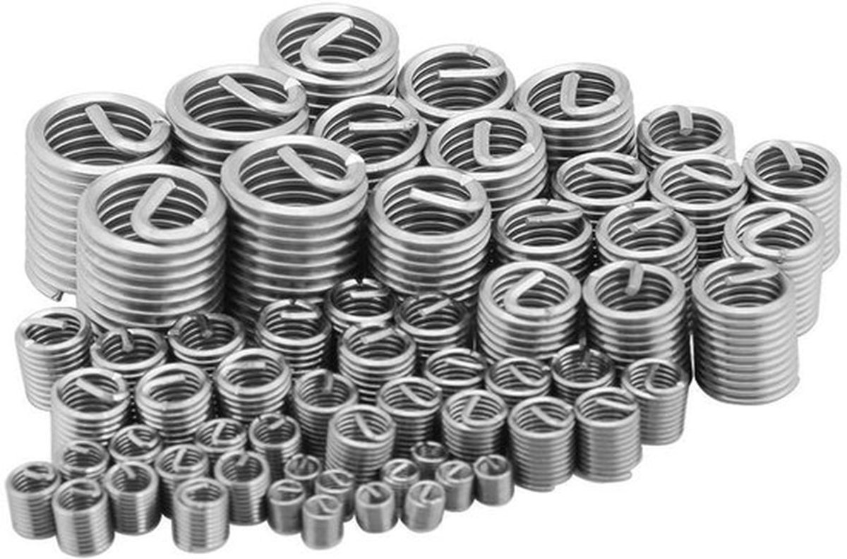 Schroefdraadinzetstukken - Reparatieset - Roestvrijstaal - Schroefdraad - M3 - M4 - M5 - M6 - M8 - M10 - M12 - 60-delige set - Geschikt voor diverse reparaties - Zilverkleurig - Inclusief opbergdoos - Draadinserts - RVS.