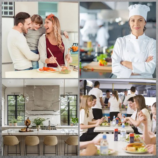 Collage met een gezin dat kookt, een chef-kok, een moderne keuken en studenten die eten.
